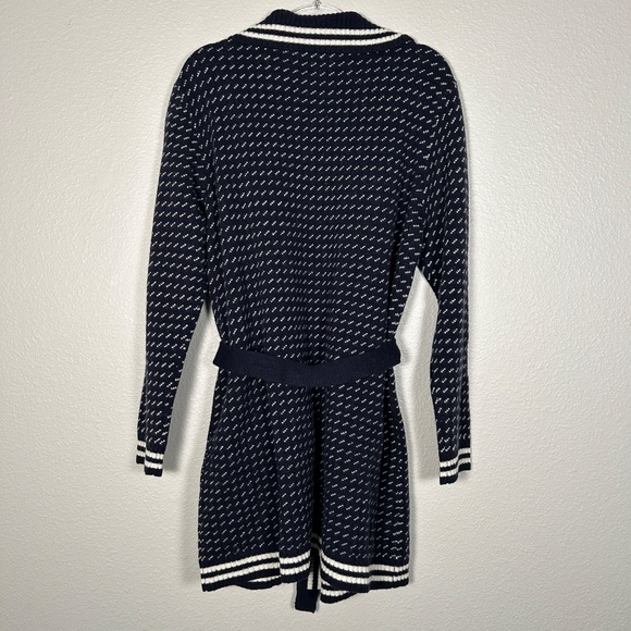 LL Bean women size L signature wool blend long cardigan navy white belted NEW - Picture 8 of 15